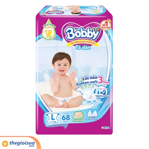 Tã dán Bobby siêu thấm khô thoáng size L 68 miếng
