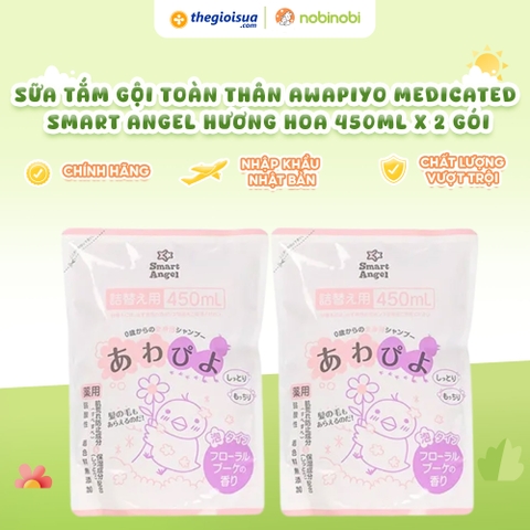 Sữa tắm gội toàn thân Awapiyo Medicated Smart Angel hương hoa 450ml x 2 gói