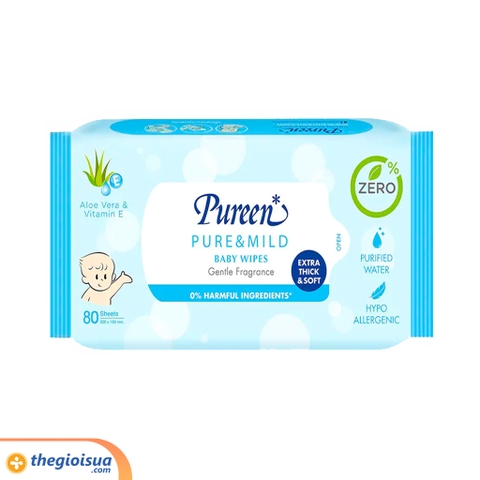 Khăn ướt trẻ em Pureen không mùi màu xanh 80 tờ