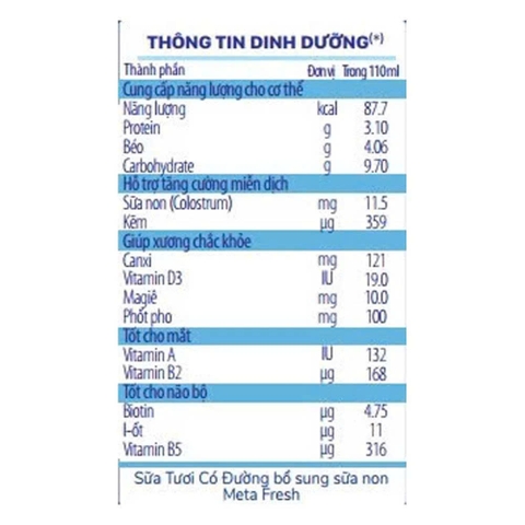 Sữa tươi có đường bổ sung sữa non Meta Fresh 4*180ml