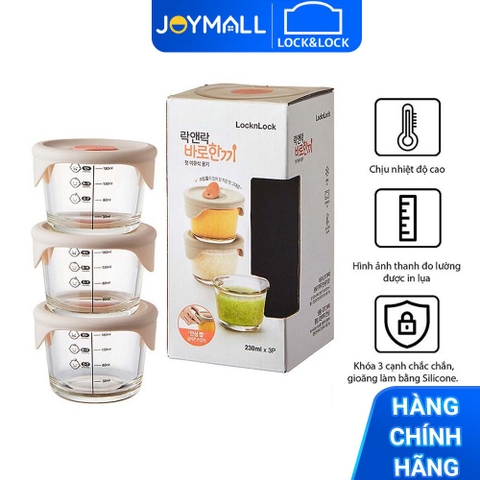 Bộ 3 hộp thủy tinh đựng thức ăn cho bé Lock&Lock có vạch chia 230ml x 3 hộp LLG508S3 - Hàng Chính Hãng - JoyMall