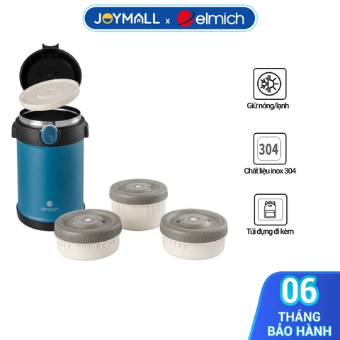 Hộp cơm giữ nhiệt inox 304 Elmich EL8303 dung tích 2L, Hàng chính hãng, có túi đựng, có 1 nắp tích hợp thoát hơi-JoyMall