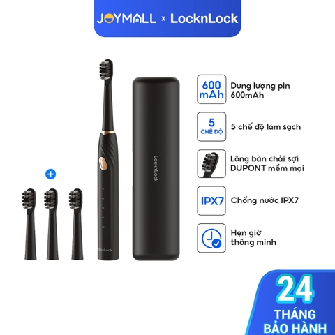 Bàn chải điện LocknLock ENR321BLK, Hàng chính hãng, 5 chế độ làm sạch, dung lượng pin 600mAh, kèm 2 đầu bàn chải-JoyMall