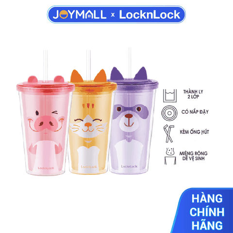 Ly nhựa 2 lớp 520ml Lock&Lock Double Wall Cold Cup HAP511, Hàng chính hãng, họa tiết dễ thương, kèm ống hút - JoyMall