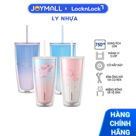 Ly nhựa LocknLock 2 lớp 750ml - Hàng chính hãng kèm ống hút cọ rửa, cách nhiệt tốt, miệng rộng - JoyMall