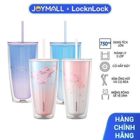 Ly nhựa LocknLock 2 lớp 750ml - Hàng chính hãng kèm ống hút cọ rửa, cách nhiệt tốt, miệng rộng - JoyMall