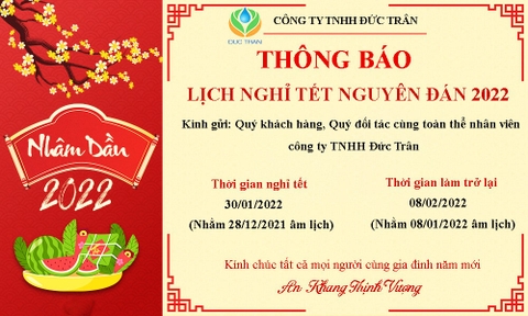 THÔNG BÁO LỊCH NGHỈ TẾT NGUYÊN ĐÁN 2022 