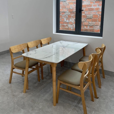 Bộ bàn ăn mặt giả vân đá + 6 ghế Mango