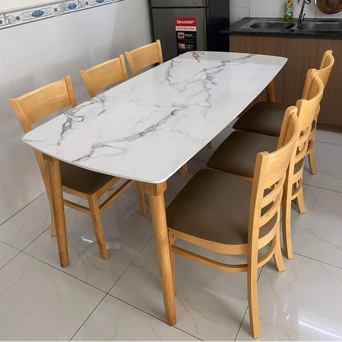 Bộ bàn ăn mặt giả vân đá + 6 ghế Cabin