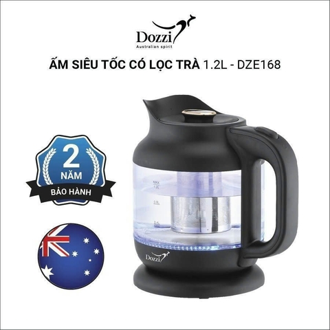 Ấm Siêu Tốc Thủy Tinh Dozzi DZE168 1.2L – Kèm Lõi Lọc Trà, Đèn LED Sang Trọng