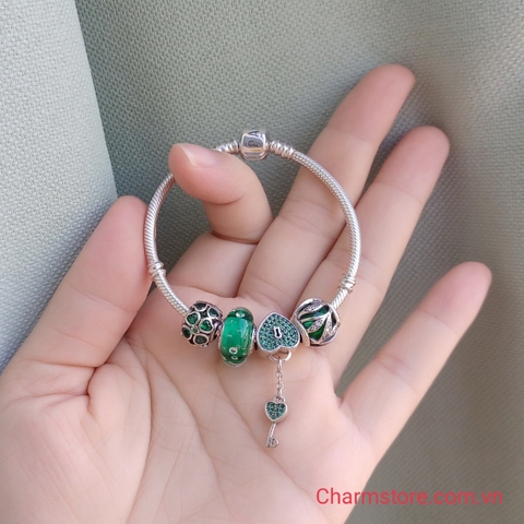 VÒNG CHARM XANH LÁ TIM TÌNH YÊU MIX CỎ MAY MẮN