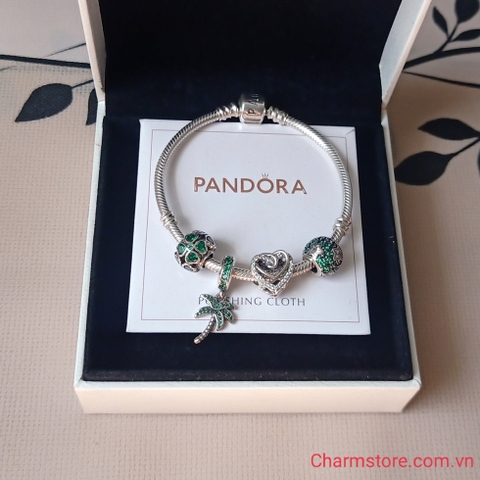 VÒNG CHARM XANH LÁ MAY MẮN MIX TIM ĐÁ TRẮNG