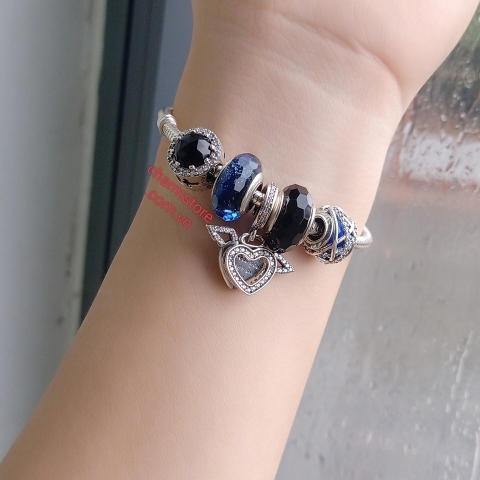 VÒNG TAY TIM CÁNH THIÊN THẦN MIX ĐÁ XANH ĐÁ ĐEN