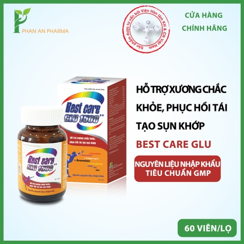 BESTCARE GLU 1500 Hỗ trợ Xương chắc khỏe Giảm thoái hóa các khớp xương Giảm sưng đau Giảm viêm do thoái hóa khớp Viêm khớp Tái tạo sụn khớp Nhức mỏi Khó vận động Cứng khớp Khô khớp Đau mỏi vai gáy Tê bì chân tay Sưng đau Nine's Beauty Phan An Green (hộp 60 viên)