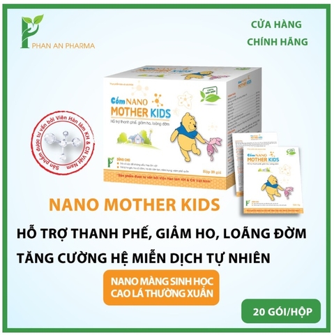 Cốm Nano Mother kids Hỗ Trợ Trị Ho Cho Trẻ Sơ Sinh Từ 6 tháng Tuổi - Tăng Sức Đề Kháng - Tiêu Đờm Giảm Ho - Hỗ Trợ Điều Trị Viêm Họng Viêm Amidan Viêm Phổi do dùng Kháng Sinh lâu ngày - Giảm Ngứa Họng, đau rát họng Khản Tiếng Nine's Beauty Phan An Green (Hộp 20 gói)