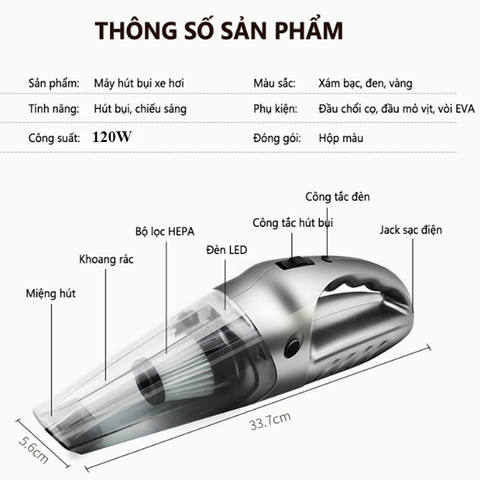 Máy hút bụi ô tô dùng tẩu 12V công suất 120W hút khô/ướt