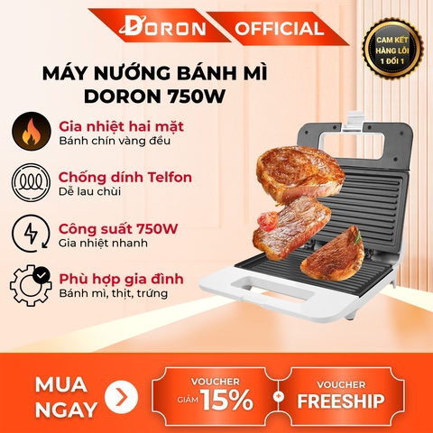 Máy nướng bánh mì DORON 802 750W gia nhiệt kép 2 mặt, chống dính telfon siêu bền