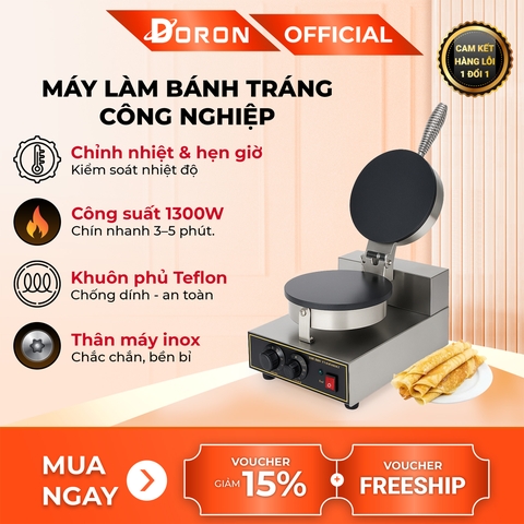 Máy làm bánh tráng công nghiệp DORON 2 mặt trơn, làm bánh quế cuộn công nghiệp