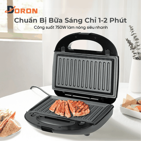Máy kẹp nướng bánh mì hotdog đơn DORON_ 168, 750W nướng thịt, chiên trứng