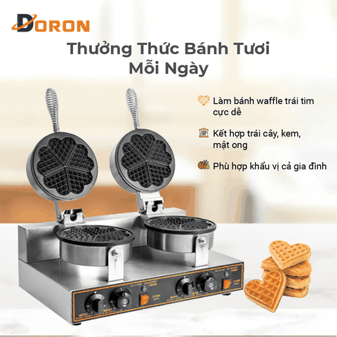 Máy làm bánh waffle công nghiệp đôi DORON_136, nướng bánh kẹp tàn ong khuôn trái tim