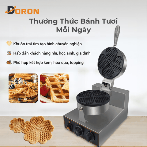 Máy làm bánh waffle công nghiệp đơn DORON_135, nướng bánh kẹp tàn ong khuôn trái tim