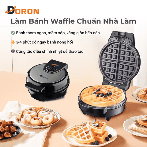Máy làm bánh waffle bông lan đơn DORON_177, 1200W kiểm soát nhiệt độ chính xác, bánh thơm ngon