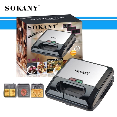 Máy kẹp nướng bánh mì, làm bánh waffle 3 khuôn SOKANY SK-303 750W