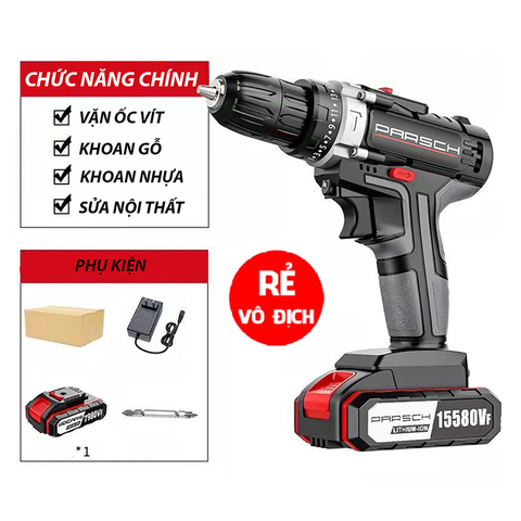 Máy vặn ốc vít, máy khoan pin động cơ lõi đồng, 2 cấp độ có đèn led chiếu sáng