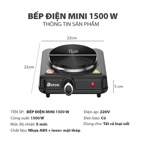 Bếp điện mini đa năng DORON 1500W chống quá nhiệt, an toàn cho mọi gia đình