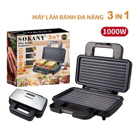 Máy làm bánh đa năng SOKANY 1000W 3 trong 1 nướng bánh mì, bánh waffle, nướng thịt