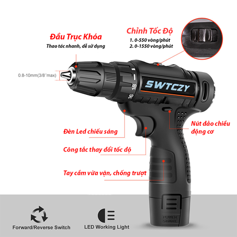 Máy khoan pin, bắt vít nhông kim loại ruột lõi đồng, có đảo chiều, đèn led