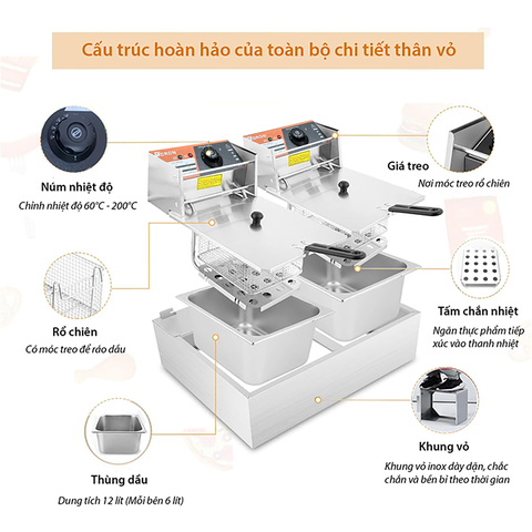 Bếp chiên nhúng đôi DORON 5000W hệ thống gia nhiệt kép nóng nhanh, sôi mạnh