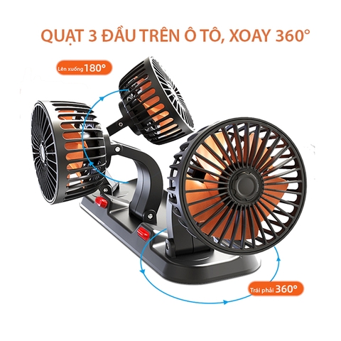 Quạt mini ô tô, quạt ba gắn ô tô 10W ba đầu xoay 360 có bảng số điện thoại dùng tẩu 24v