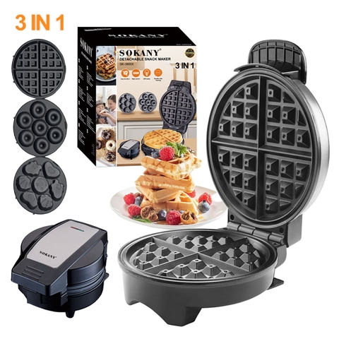 Máy làm bánh đa năng SOKANY 600W 3 in 1 nướng làm hình thú, waffle, donut