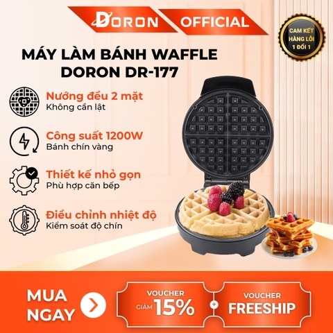 Máy làm bánh waffle bông lan đơn DORON_177, 1200W kiểm soát nhiệt độ chính xác, bánh thơm ngon