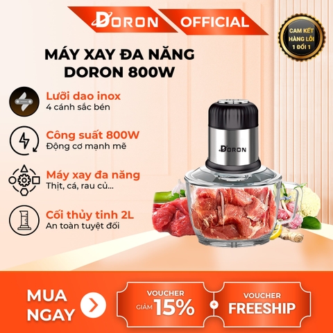 Máy xay thịt cối thủy tinh DORON_176, 800W dung tích 2l xay thịt cá, rau củ đa năng