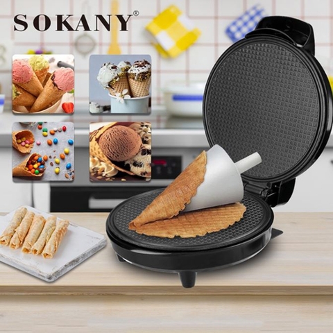 Máy làm vỏ ốc quế, máy làm ốc quế SOKANY1000W gia nhiệt kép, chống dính telfon siêu bền