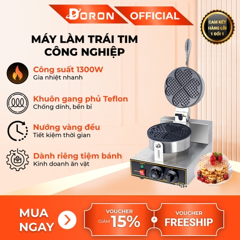 Máy làm bánh waffle công nghiệp đơn DORON_135, nướng bánh kẹp tàn ong khuôn trái tim