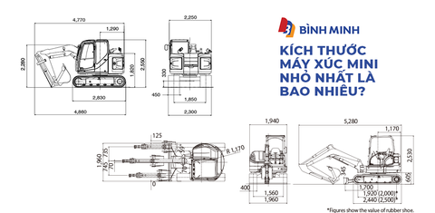 Kích thước máy xúc mini