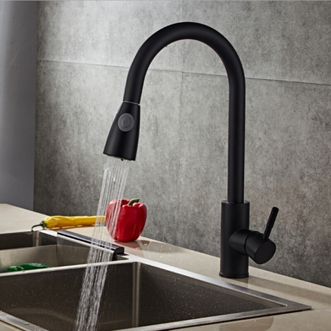 Vòi bếp, sus 304, sơn tĩnh điện màu đen, có dây rút vòi 3043