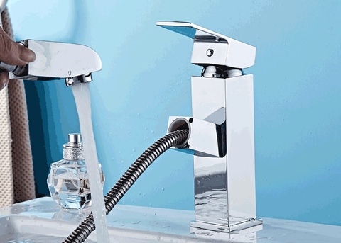 Vòi Lavabo nóng lạnh (Trụ vuông, kiêm đầu xịt) Hợp kim+ 2 dây cấp - Siêu cấp ITALIA