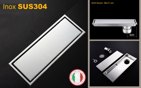 Thoát sàn ngăn mùi (dạng phễu nước) SUS304 (30x11cm) Kiểu dài PHỄU LỆCH - Hàng Cao cấp ITALIA