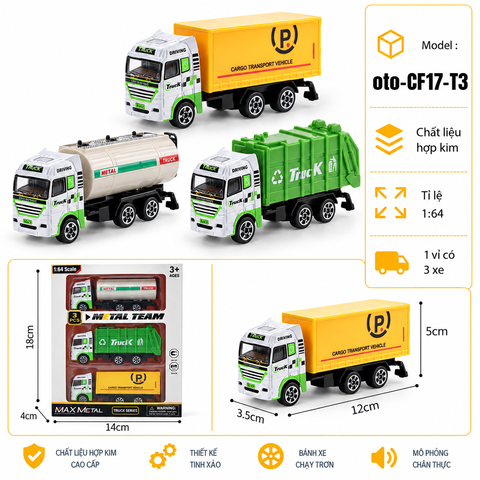 Mô Hình 3 xe Oto xây dựng hợp kim , tỉ lệ 1:64 - Dài 12cm - rộng 3.5cm - cao 5cm- SKU : oto-CF17-T3 - ( Vat : 103-C02-C3-50) - K23-T1-S5