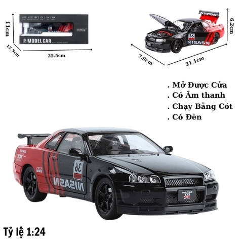 Mô Hình Xe Nissan GT-R R34 phiên bản racing full open 1:24 Hợp kim có thể mở cửa - bánh sau chạy cót - Dài 21.1cm - rộng 7.9cm - cao 6.2cm - FULL BOX : box màu SKU : oto553 - ( Vat : 003-01-180 ) - K74-T5-S1