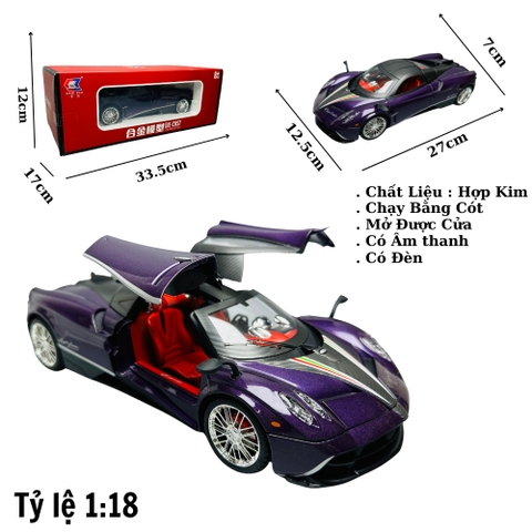 Mô Hình Xe pagani huayra 1:18 tím Hợp kim có thể mở cửa - bánh sau chạy cót - Có tiếng - đèn pha sáng - Dài 27cm - rộng 12.5cm - cao 7cm - nặng : 1000gram - FULL BOX : box màu SKU : oto125