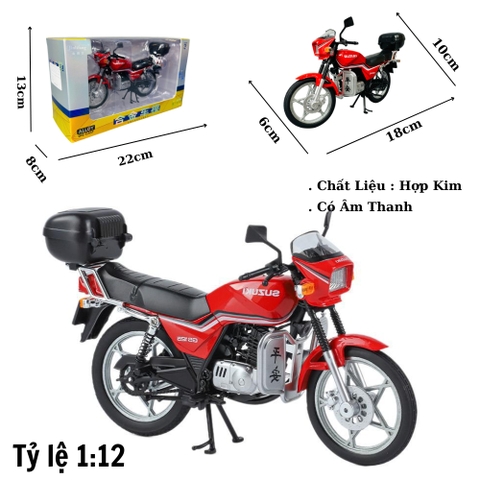 Mô Hình xe máy SUZUKI đỏ 1:12 Hợp kim - Có tiếng - đèn pha sáng - Dài 18cm - rộng 6cm - cao 10cm - nặng ~ 500gram - FULL BOX : box màu SKU : oto458 -( VAT : 003-95 )- K66-T5-S11