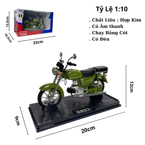 Mô Hình Xe honda CD50 xanh lá tỉ lệ 1:10 Hợp kim - bánh sau chạy cót - Dài 20cm - rộng 9cm - cao 12cm - nặng : 200gram - FULL BOX : box màu SKU : oto478c -( VAT : 003-09-130 ) - K51-T5-S9