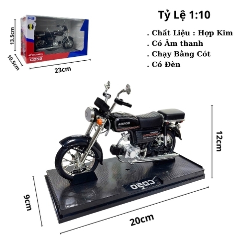 Mô Hình Xe honda CD50 đen tỉ lệ 1:10 Hợp kim - bánh sau chạy cót - Dài 20cm - rộng 9cm - cao 12cm - nặng : 200gram - FULL BOX : box màu SKU : oto478a - ( VAT : 003-09-130 ) - K51-T5-S8