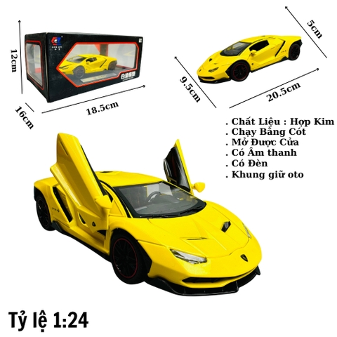 Mô Hình Xe Lamboghini 1:24 vàng Hợp kim có thể mở cửa - bánh sau chạy cót - Có tiếng - đèn pha sáng - Dài 20.5cm - rộng 9.5cm - cao 5cm - nặng : 500gram - FULL BOX : box màu SKU : oto122