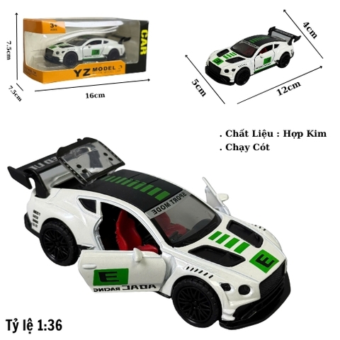 Mô Hình Xebentley đua trắng họa tiết xanh lá tỉ lệ 1:36 Hợp kim có thể mở cửa - bánh sau chạy cót - Dài 12cm - rộng 5cm - cao 4cm - nặng : 300gram - FULL BOX : box màu SKU : oto487a - K69-T3-S11